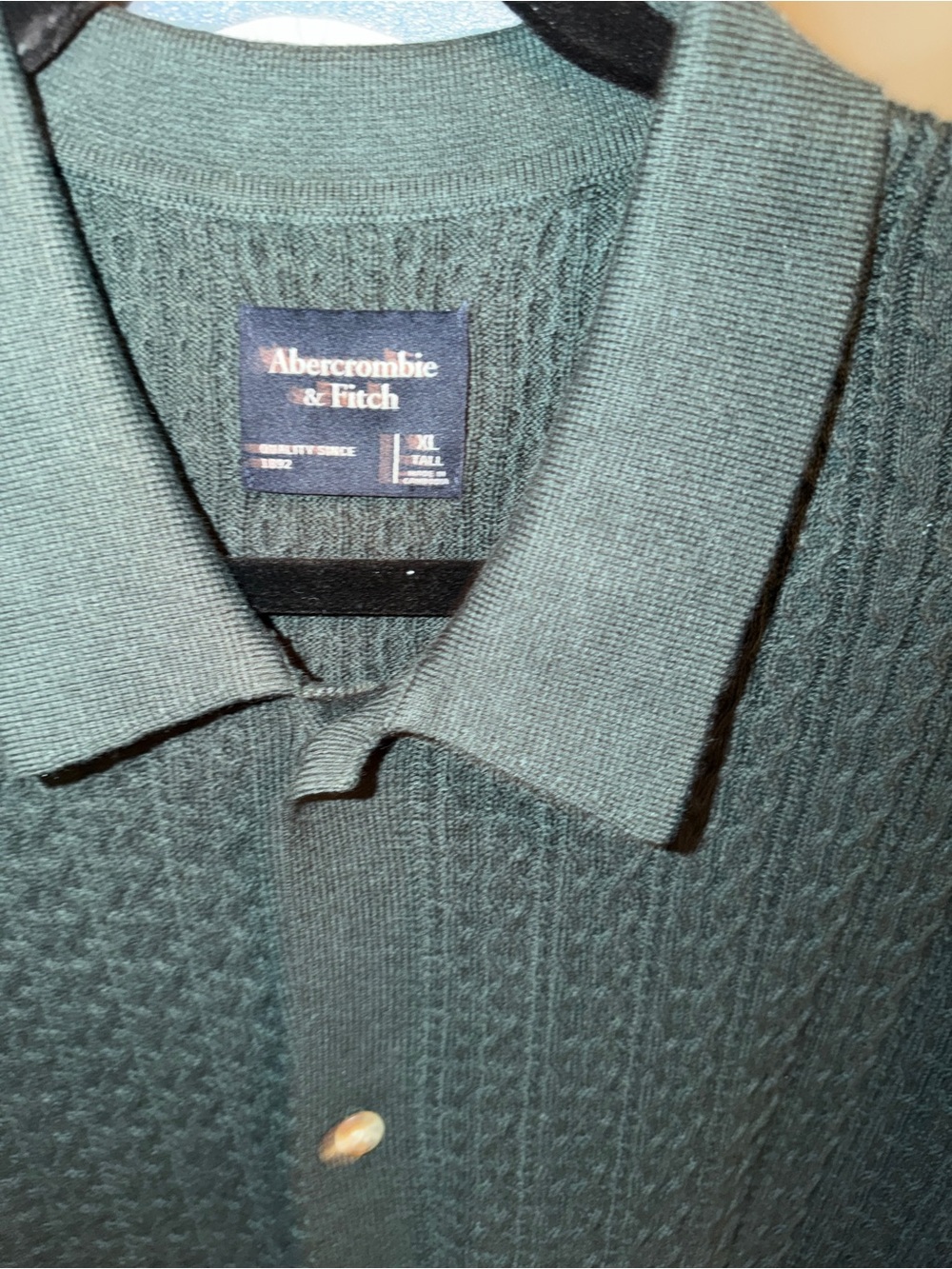 Abercrombie & Fitch Men's Forest Green Cable Polo Cardigan - short sleeve